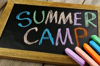 words Summer Camp on a chalk board in different colors