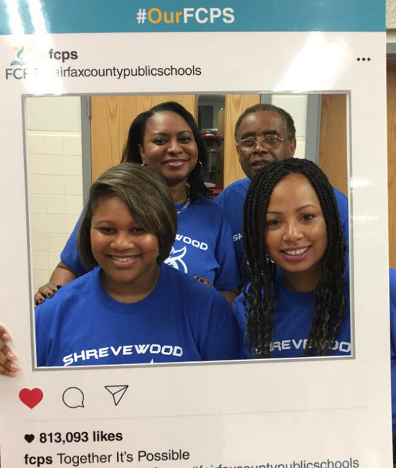 Shrevewood ES staff with #OurFCPS frame at R2 Kickoff