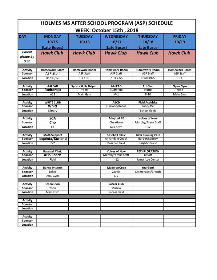 ASP Schedule week of 10/15/18