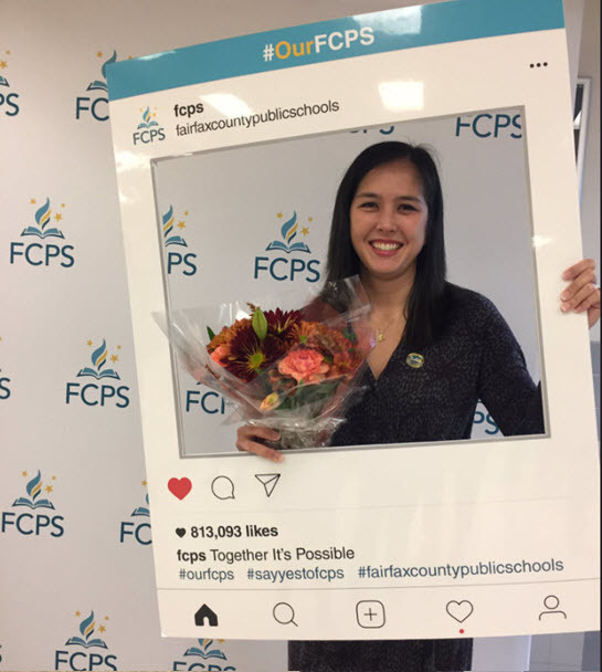Annandale HS Teacher Kathleen Mathis with #OurFCPS frame