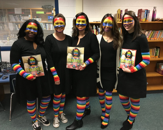 Rose Hill ES staff dressed as the main character in "A Bad Case of Stripes.