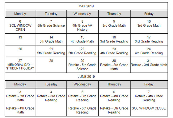 2019 Spring SOL Testing Reminder