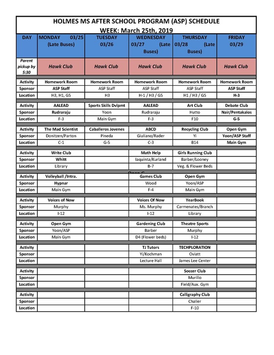 ASP Schedule week of March 25th