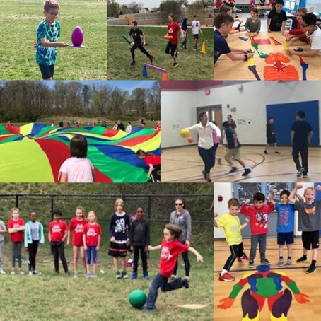 A collage shows students participating in a variety of field day activities both indoors and outdoors. 