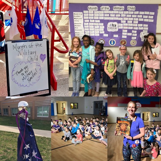 A collage shows a sign with military flags, students in front of a Military Child poster, and students in the gym participating in activities.