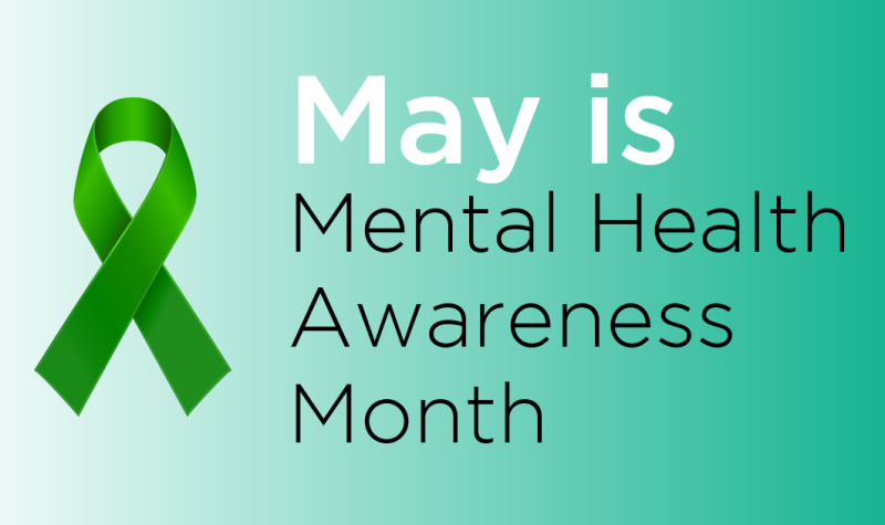 May is Mental Health Awareness Month against a turquoise blue background 