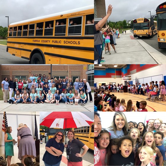 A collage shows students and teachers waving as the buses leave, Ms. Simmons receiving the Ms. Mac Award, and the SCA officers ceremony.