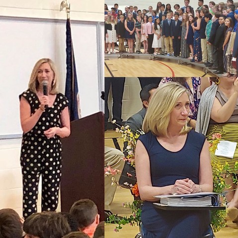 A collage shows Ms. Stokowski during the awards ceremony as well as while enjoying the song performed for her by the 6th grade class.