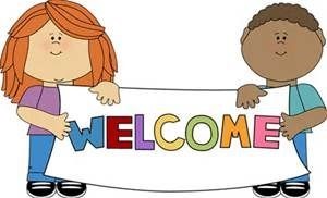 A cartoon drawing of a young boy and girl student holding up a sign that says "Welcome."