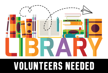 Graphic of books, a paper airplane, and the words "Library Volunteers Needed"