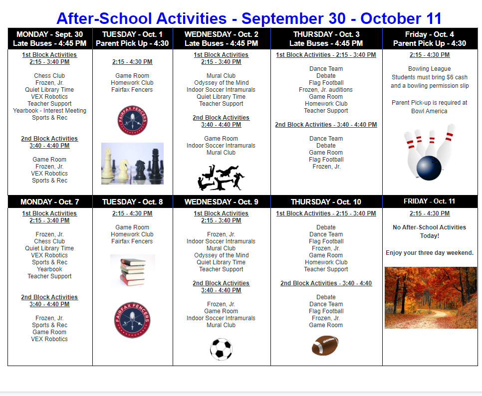 September 30 - October 11 Schedule