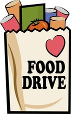 An image of a paper bag full of groceries, with a heart and the words "Food Drive."
