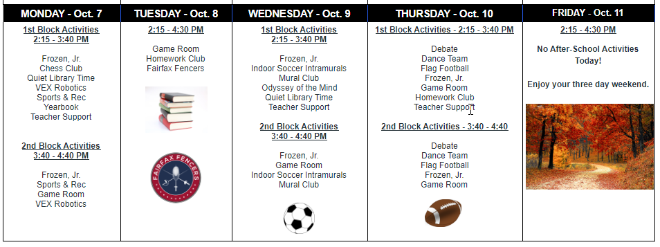 Schedule for October 7th - 11th