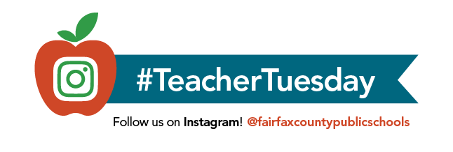 #TeacherTuesday graphic, featuring an apple and a callout to follow FCPS on Instagram @fairfaxcountypublicschools.