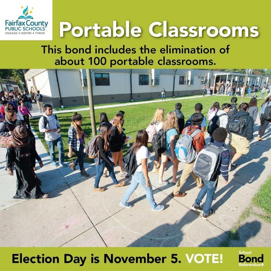 School bond referendum graphic saying that the bond includes the elimination of roughly 100 portable classrooms.