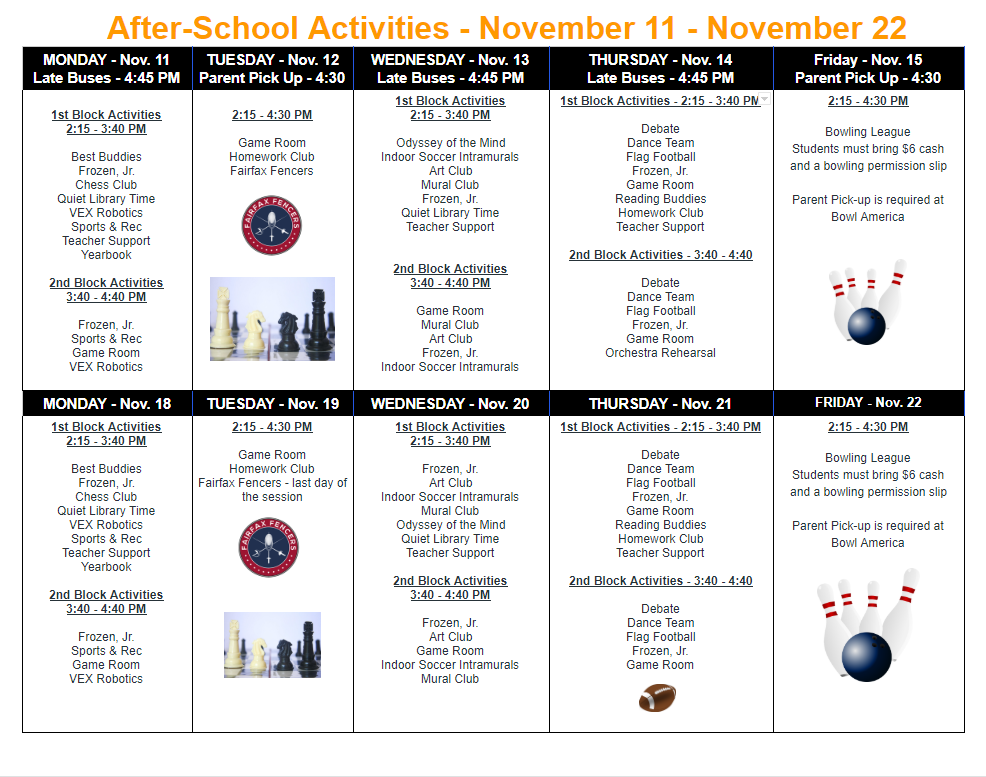 Schedule for 11/11 - 11/22