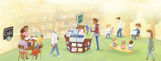 Barnes and Noble bookfair graphic, featuring a drawing of people at a bookstore