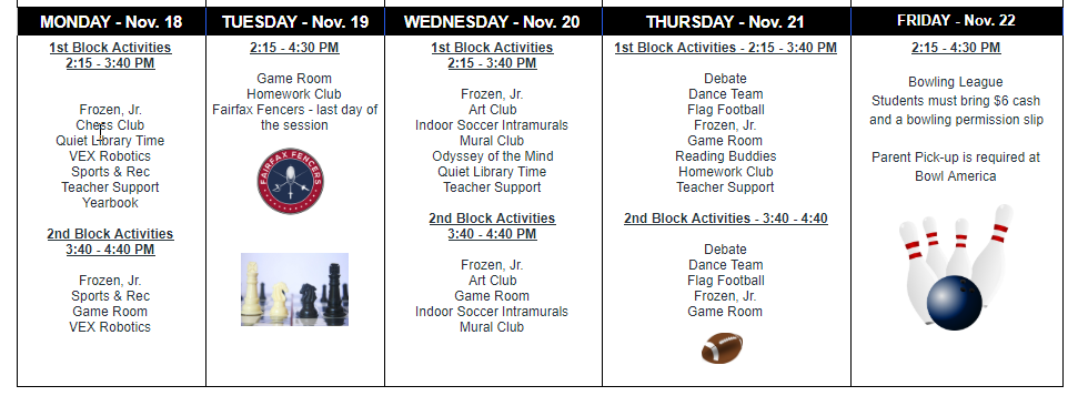 Schedule for 11/18-11/22