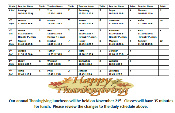 Thanksgiving schedule