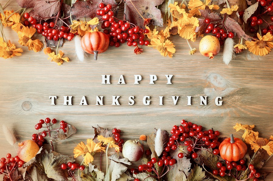 An image with a wooden background, bordered by small decorative pumpkins, berries, and leaves, contains the message, "Happy Thanksgiving"