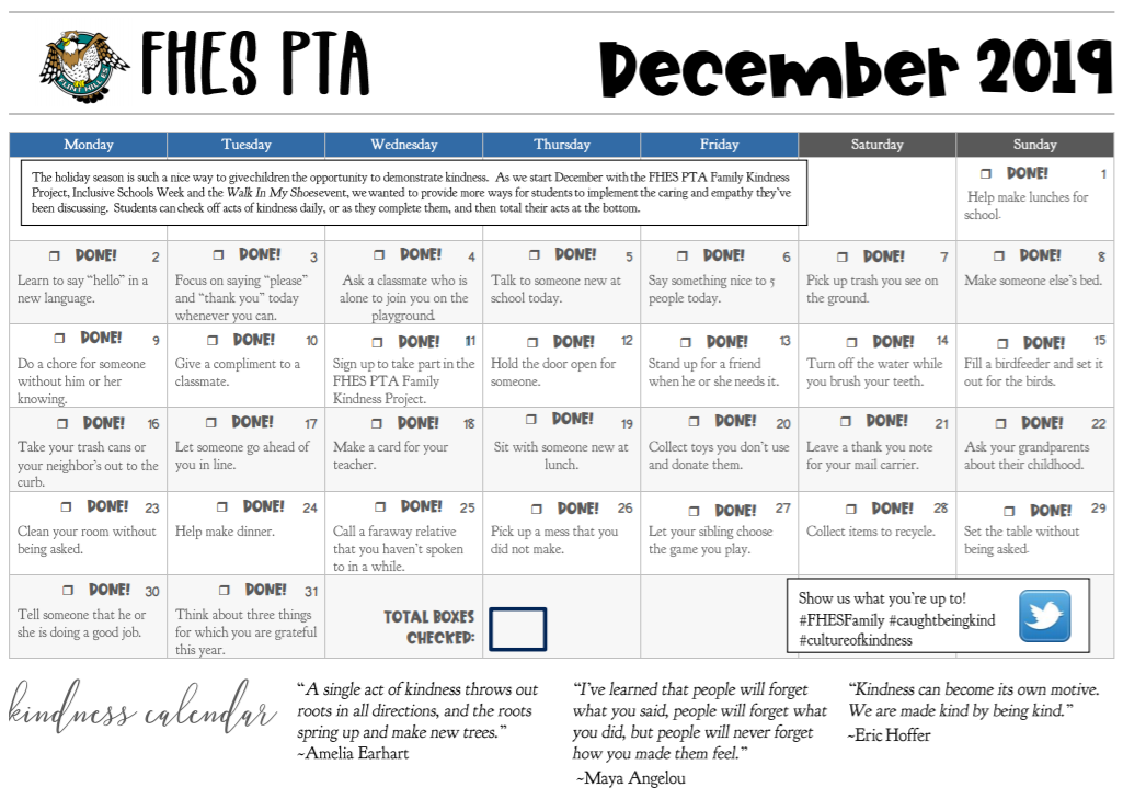 FHES PTA Kindness Calendar