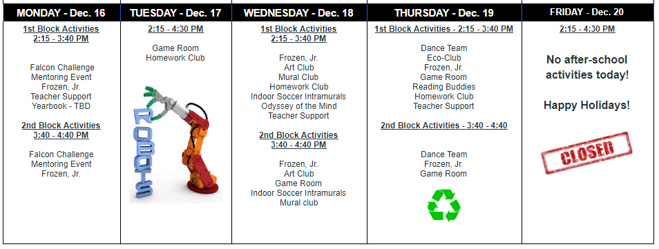 Schedule December 16-20