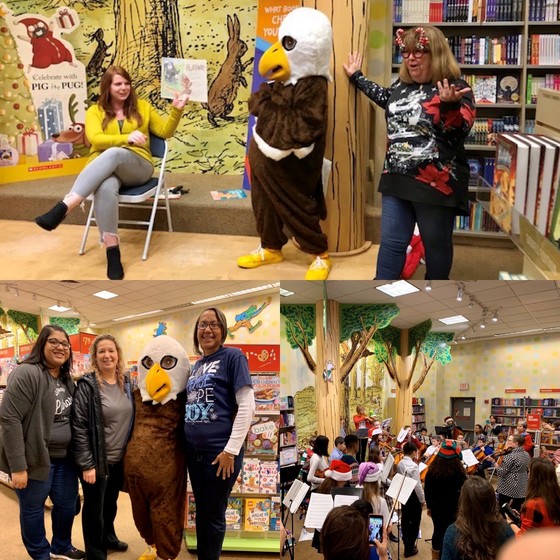 Bookfair photos: Teachers reading, Strings students performing, and Ms. Salata, Ms. Peace, and Mrs. Cangro posing with Ernie the Eagle .
