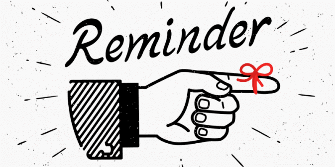 "Reminder", with a picture of a pointing hand with a red ribbon around one finger.