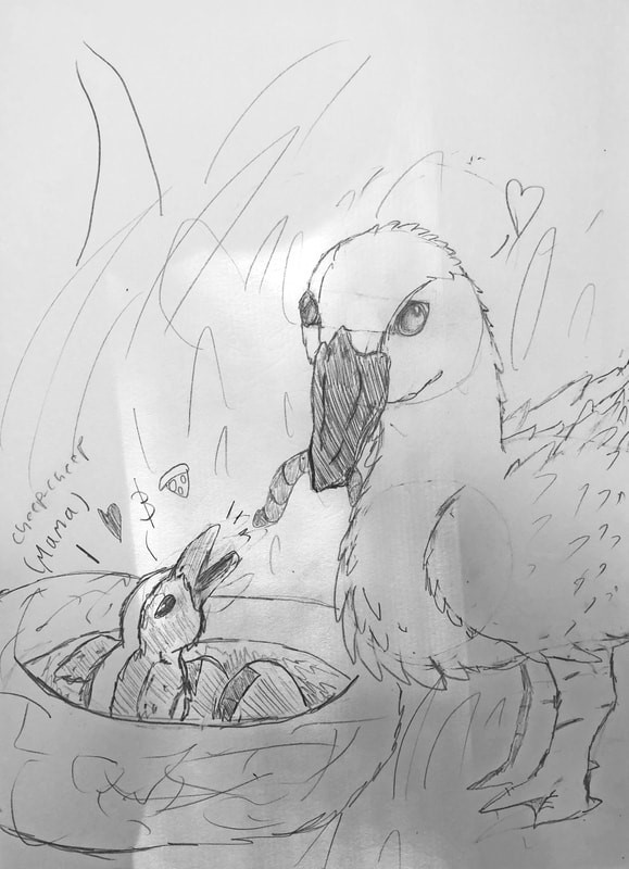 A drawing in pencil by 6th grader Julia Knott shows a mother bird in the nest feeding its fledgling.