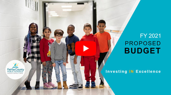 FY 21 Budget graphic featuring students in a school hallway.