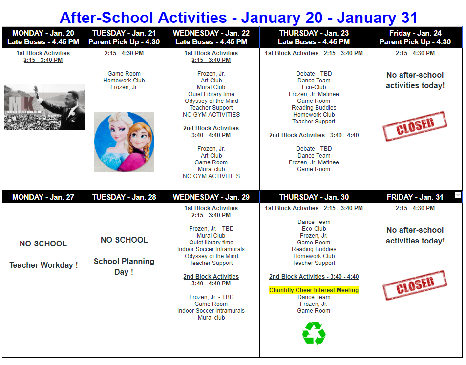 Schedule for January 20th to January 31st