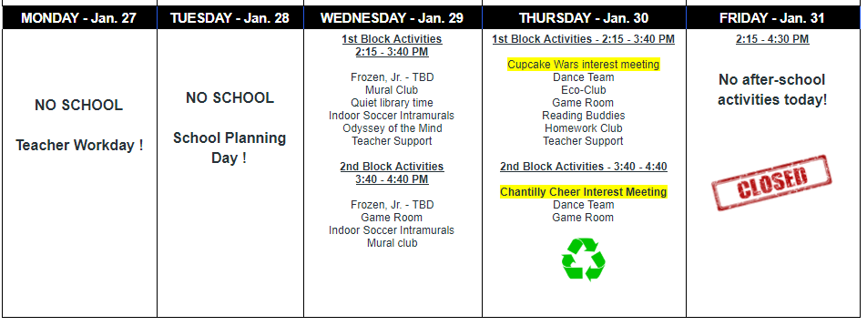 Schedule for January 27-31