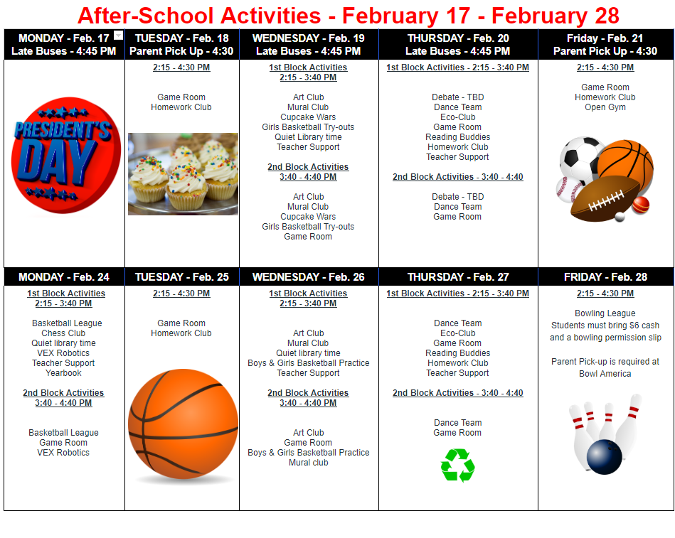 Schedule for February 17th - 28th