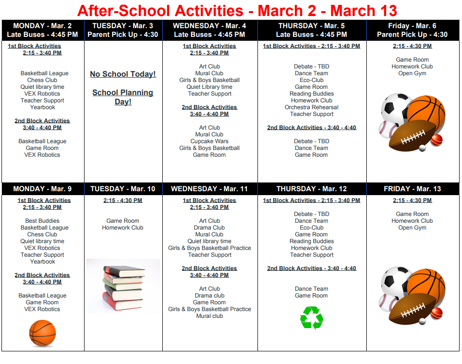 Schedule for March 2nd to March 13th