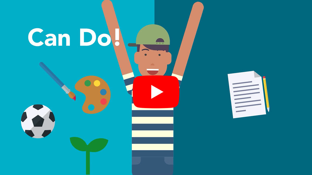 Cartoon image of student raising arms. Text says, "Can do!"