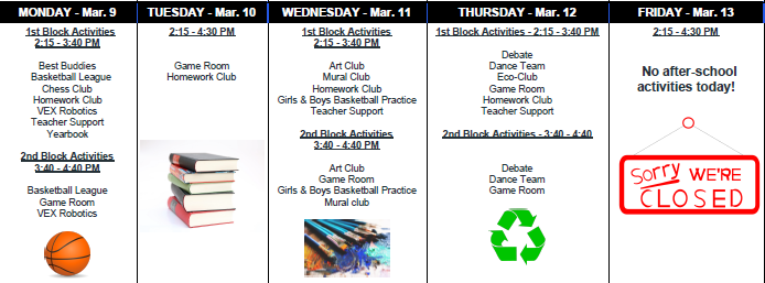 After-School Schedule for March 9-13