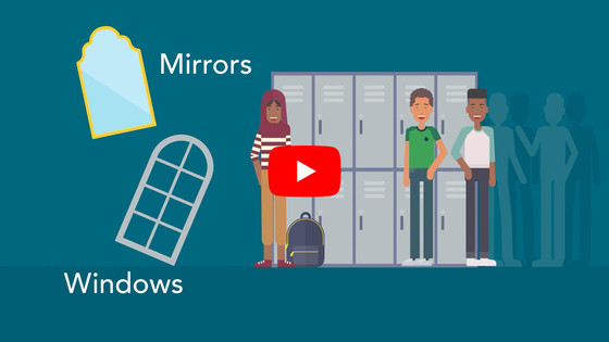 YouTube video graphic; window and mirrors, along with three students in front of lockers.
