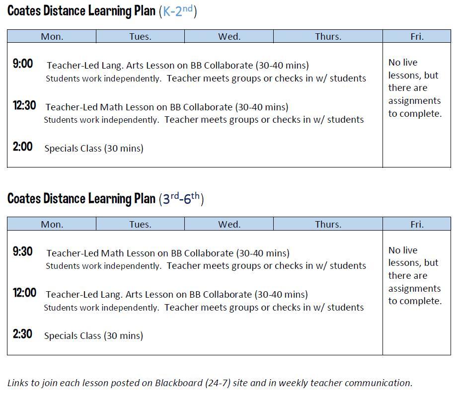 Schedule for Distance Learning Lessons - Coates ES