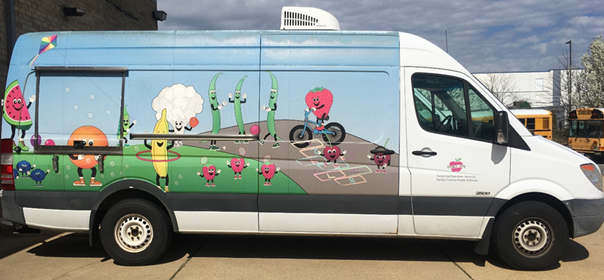 food truck with colorful images representing food and a map
