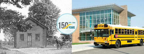 FCPS at 150 years. School house from 1875 (left) with a horse and buggy. New school and bus on the right. 