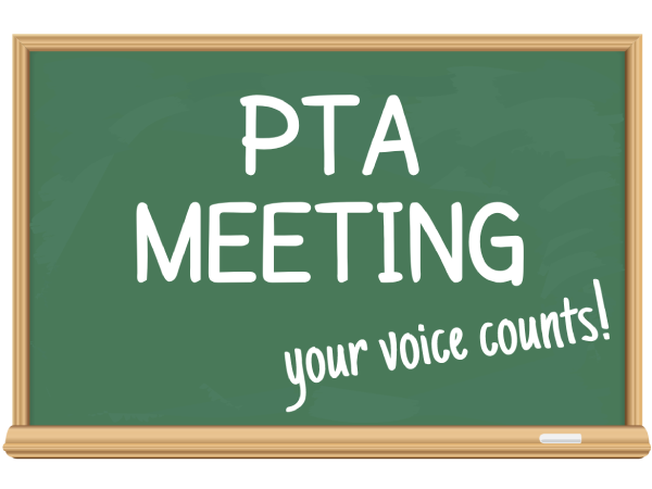 A chalkboard reads: PTA Meeting. Your voice counts. 