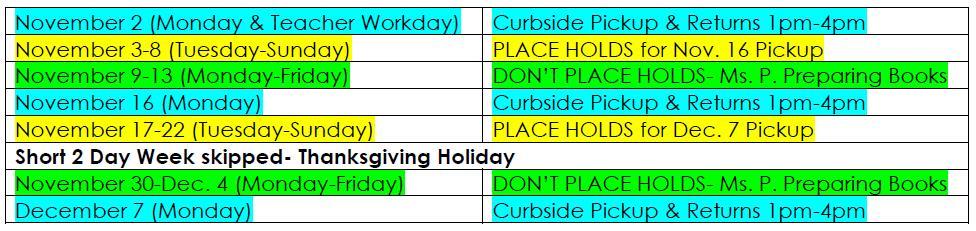 Updated Library Pick Up Schedule