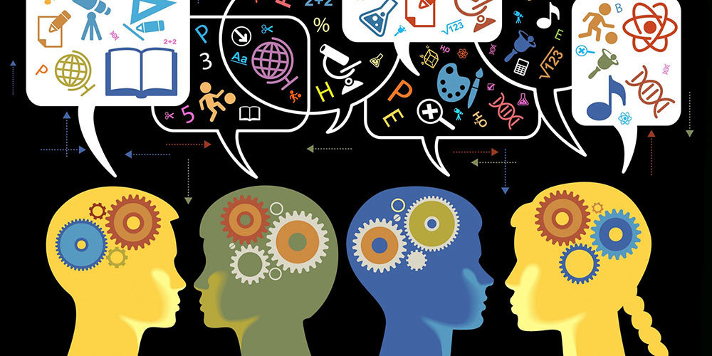 four colorful heads with "thinking" gears and speech bubbles above their heard