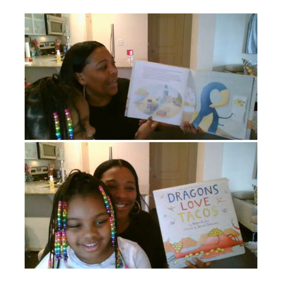 Pictures of Danielle Moore, Auditor III, reading Dragon Loves Tacos