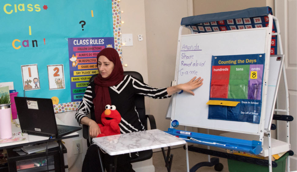 Madiha Nassimi, special education teacher at Waples Mill ES, teaches students virtually.