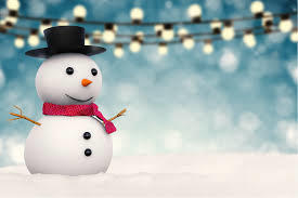 An image of a small snowman with Christmas lights in the background.