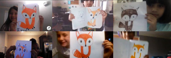 students hold pictures of fox drawings