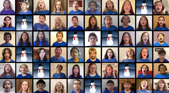58 students in a grid singing