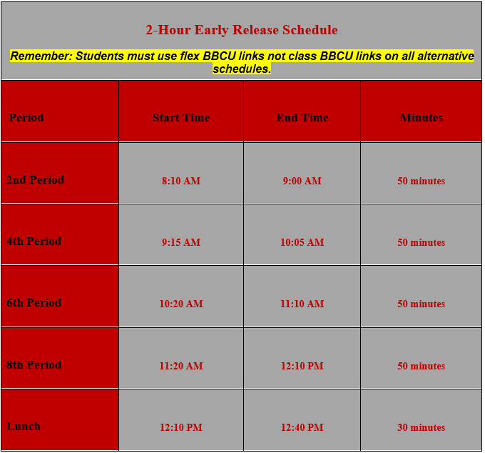 2 hour early release schedule