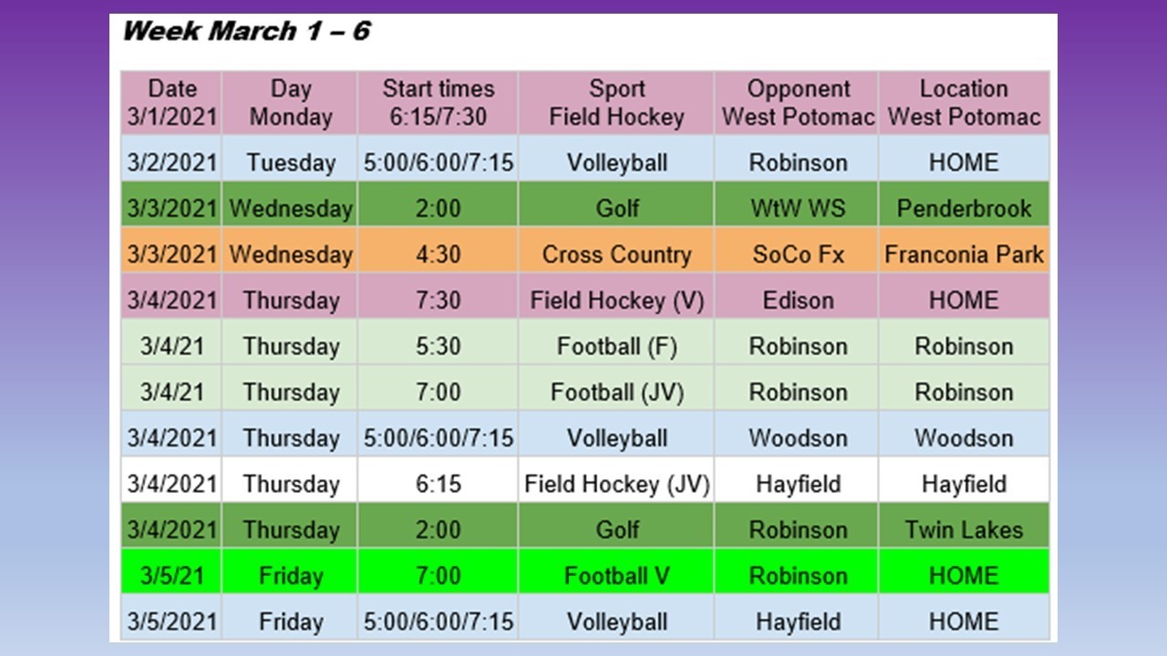 Athletics Schedule March 1 - 6, 2021